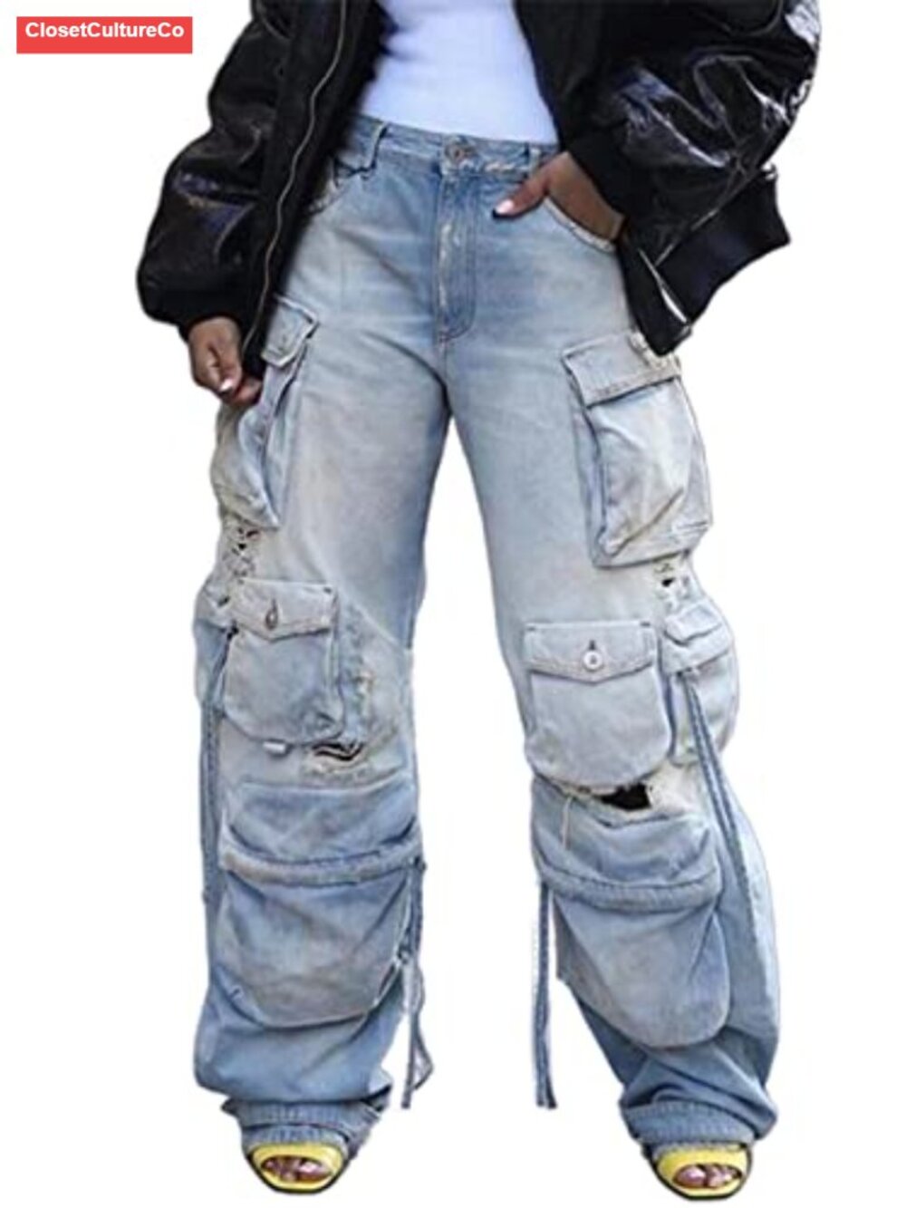 Baggy Cargo Jeans High Waisted Wide Leg Denim Pants Y2K Streetwear